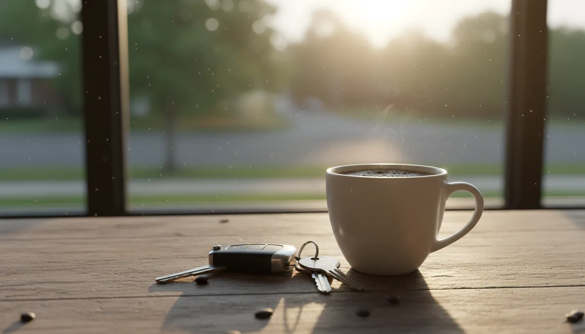 Чашка кофе рядом с автомобильными ключами на столе, утренний солнечный свет в окне